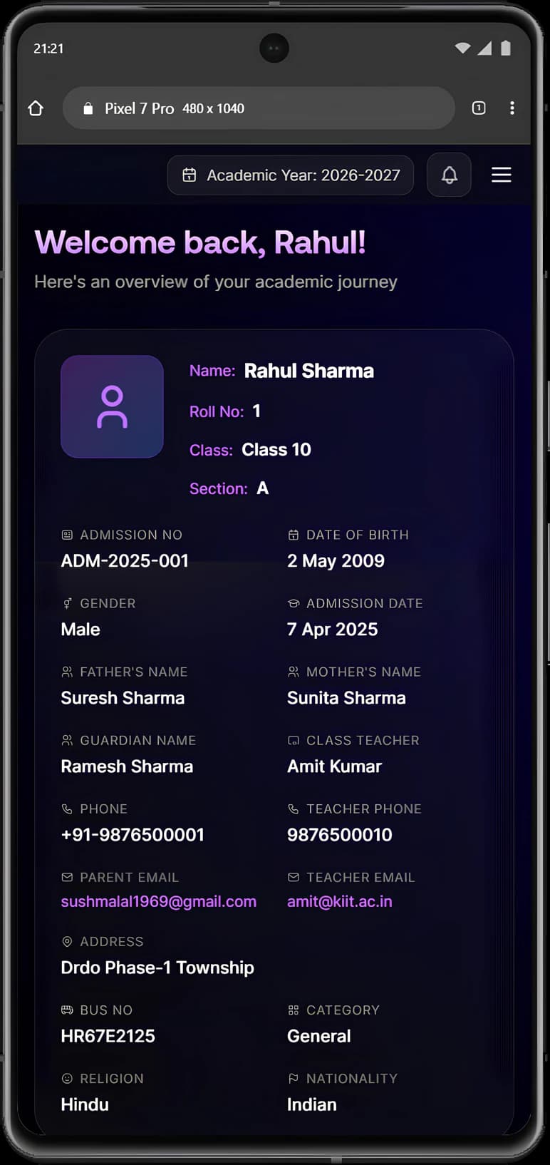 Student dashboard on a phone with the student's admission number, date of birth, parents' names and class teacher contact