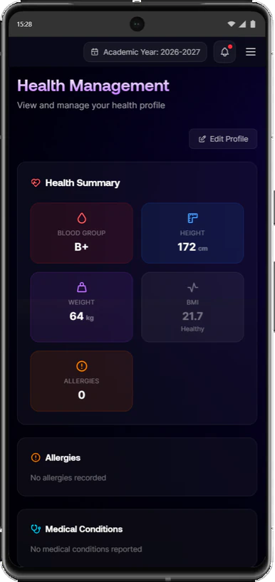 Health summary on a phone with blood group, height, weight, BMI and allergies