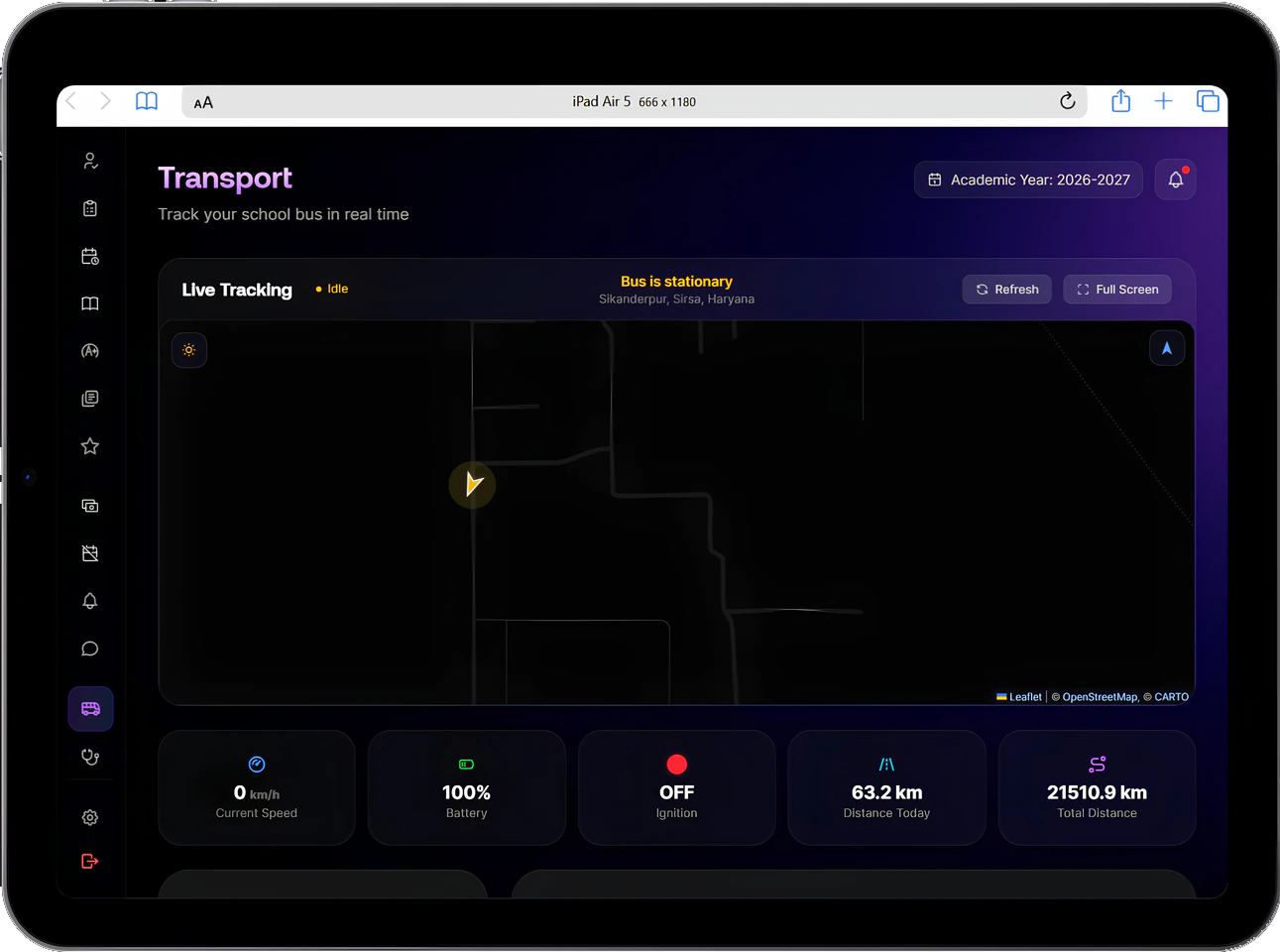 Live school bus tracking map with the bus location and status, current speed, battery, ignition, distance today and total distance