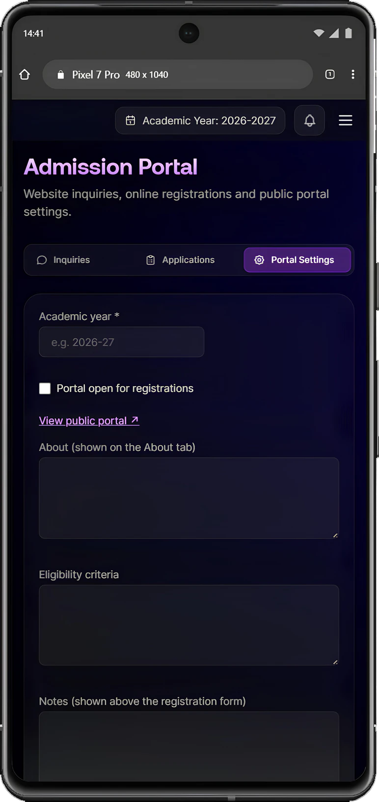 Admission portal settings on a phone with tabs for inquiries, applications and portal settings, the academic year, a switch to open registrations and the eligibility criteria