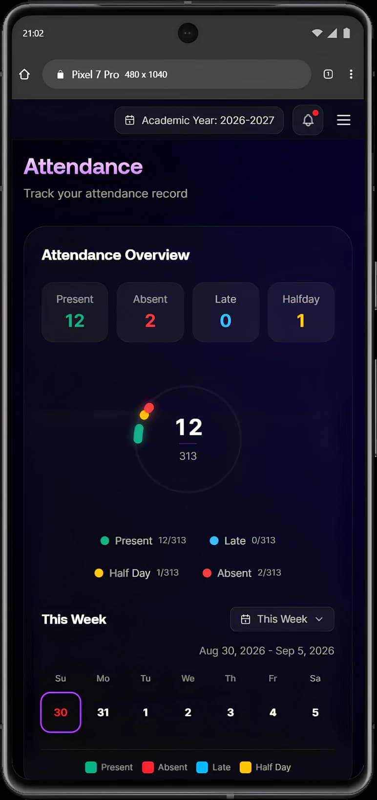 Student attendance overview on a phone with present, absent, late and half-day counts, an attendance ring and this week's calendar