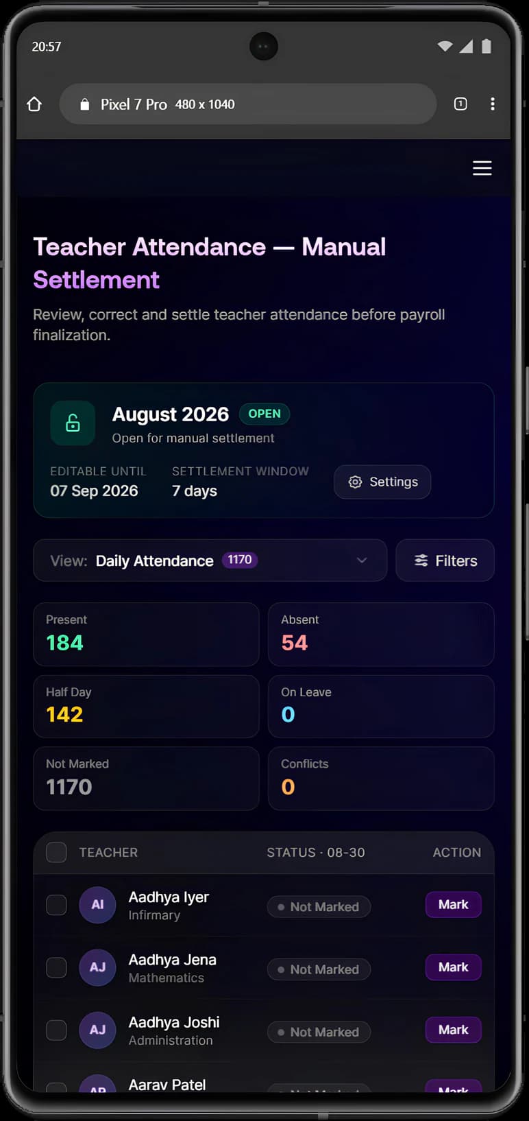 Teacher attendance settlement on a phone with an open settlement window, counts of present, absent, half-day and unmarked staff, and teachers still to mark