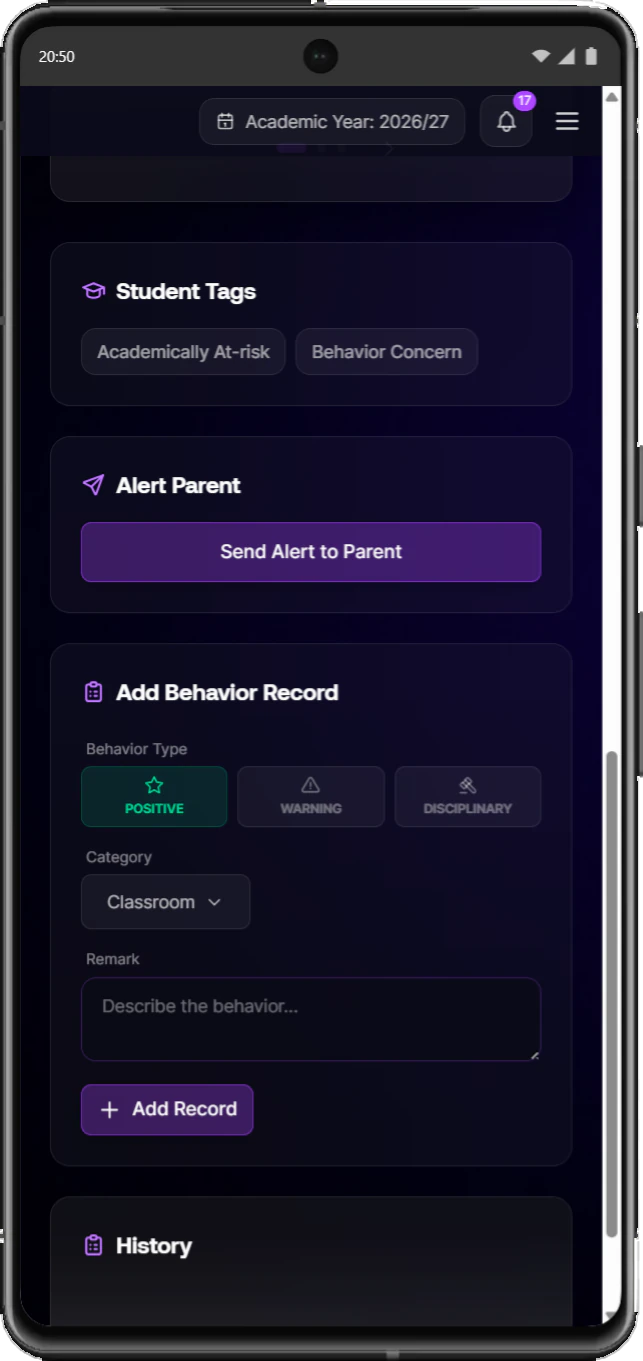 Behaviour record form on a phone with student tags, a parent alert button and positive, warning and disciplinary record types