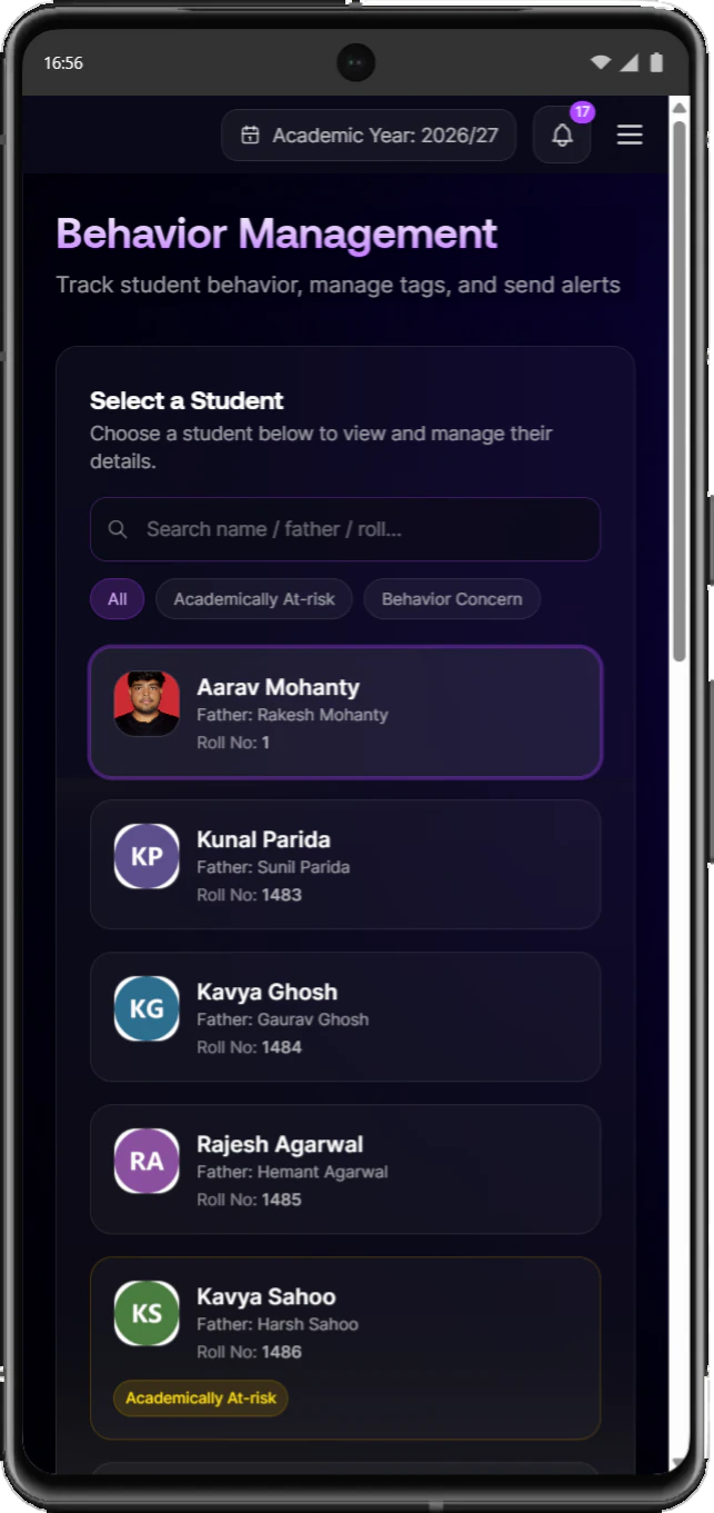 Behaviour management on a phone with student search and filters for academically at-risk and behaviour concern tags