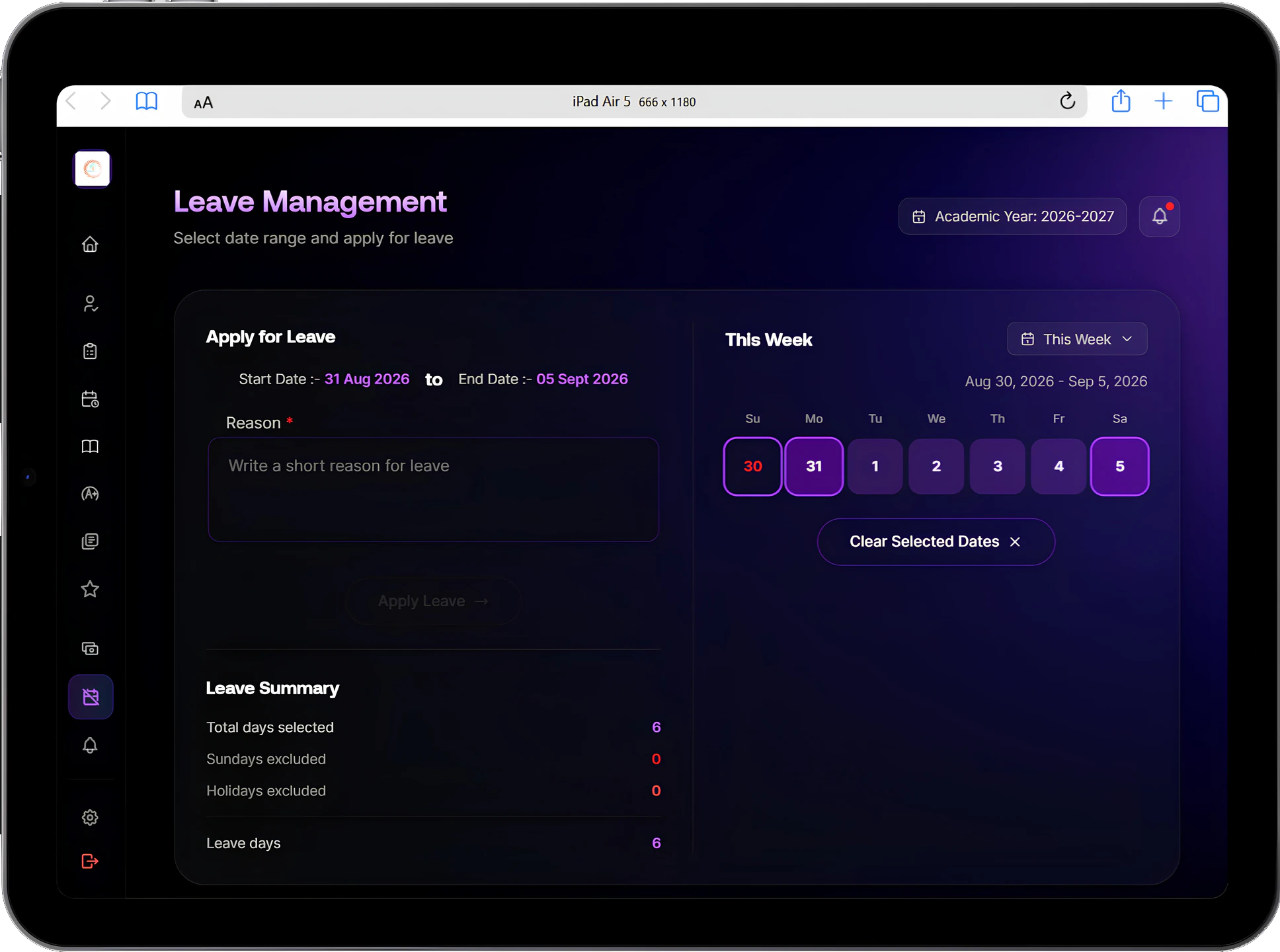 Leave application with start and end dates, a reason field, the selected dates on the week calendar and a leave summary