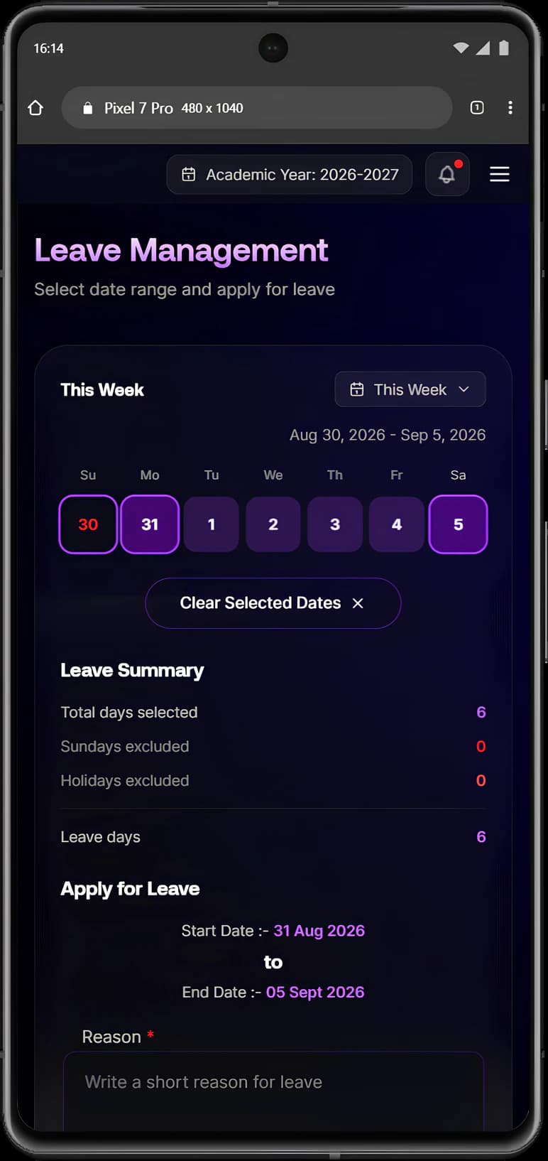 Leave management on a phone with the selected dates on the week calendar and a summary that excludes Sundays and holidays
