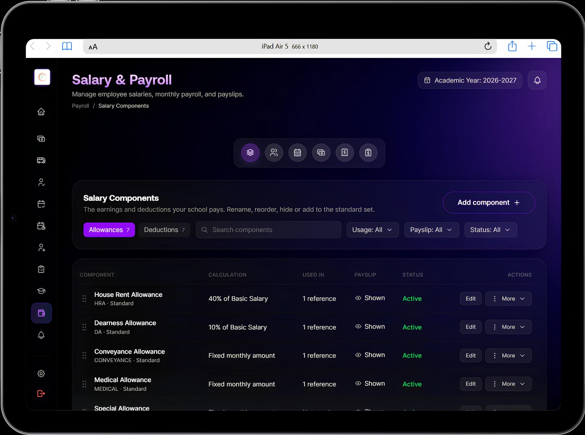 Salary and payroll screen listing salary components such as house rent and dearness allowance, how each is calculated, payslip visibility and status