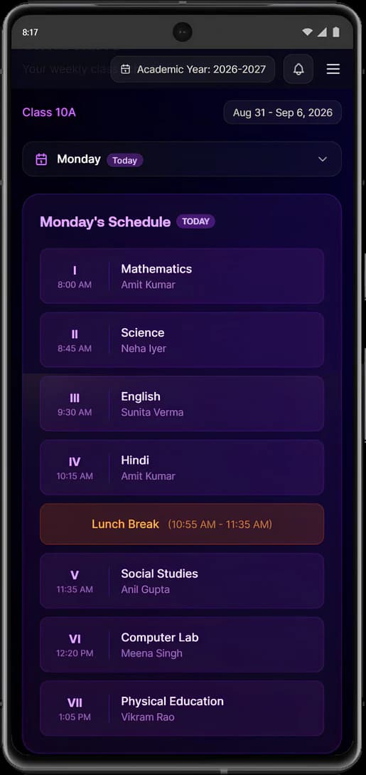 Monday's schedule on a phone with each period's subject, teacher and time, and the lunch break